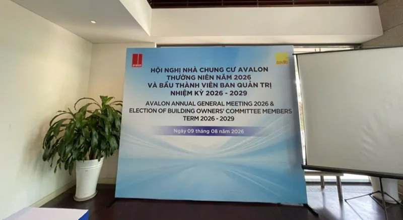 Backdrop song ngữ Hội nghị nhà chung cư Avalon thường niên năm 2026 và bầu Ban quản trị.