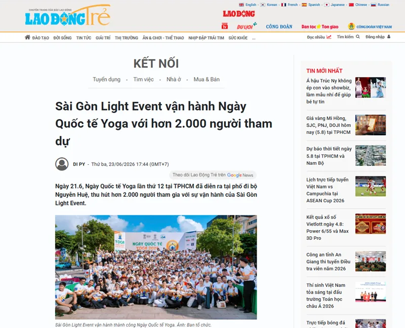 Báo Lao Động ghi nhận vai trò Sài Gòn Light Event tại Ngày Quốc tế Yoga 2026 hơn 2.000 người ở phố đi bộ Nguyễn Huệ.
