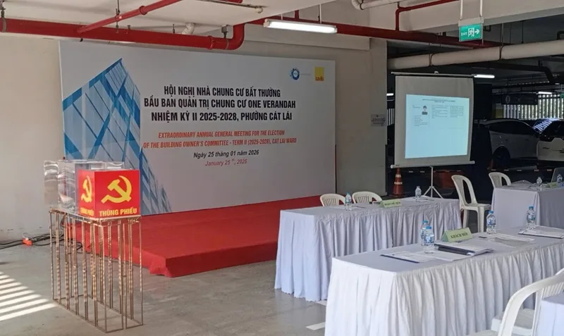 Không gian hội nghị bất thường bầu Ban quản trị Chung cư One Verandah được bố trí chuyên nghiệp.
