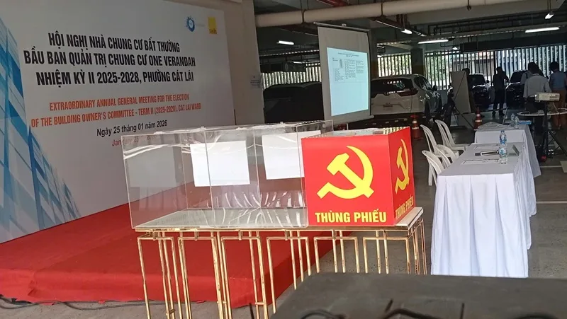 Thùng phiếu được bố trí tại hội nghị bầu Ban quản trị Chung cư One Verandah năm 2026.