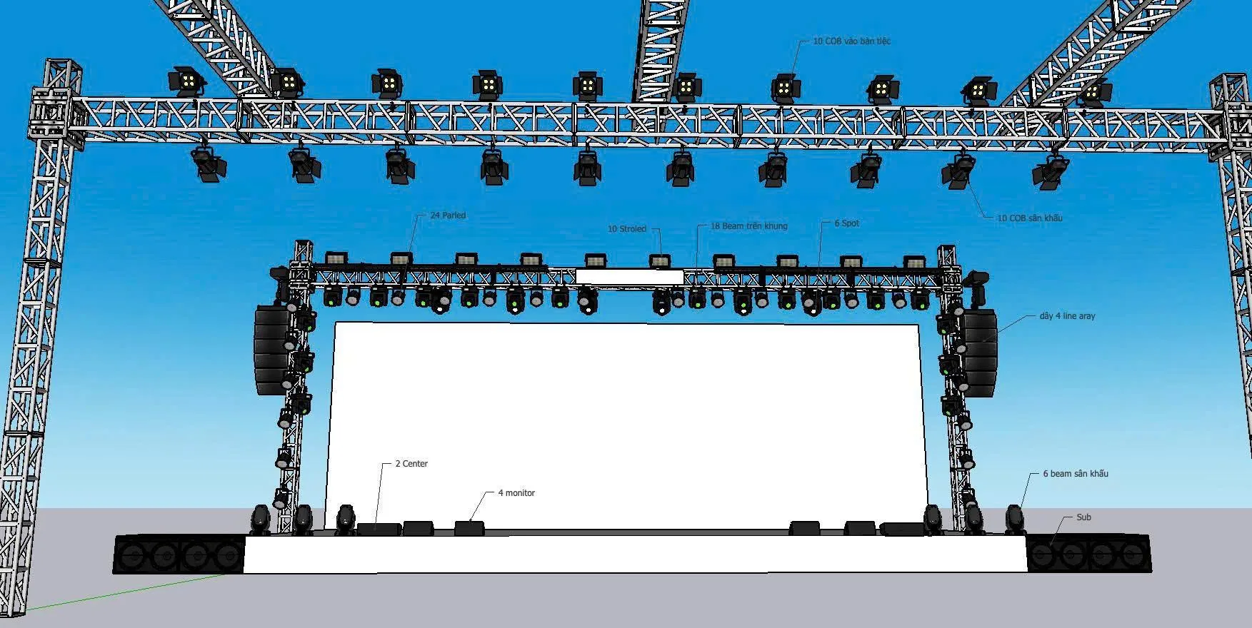 Phối cảnh 3D giúp doanh nghiệp hình dung sân khấu và hệ thống kỹ thuật trước khi thi công Thiết kế 3D sân khấu hội nghị khách hàng với màn hình LED và hệ thống đèn.