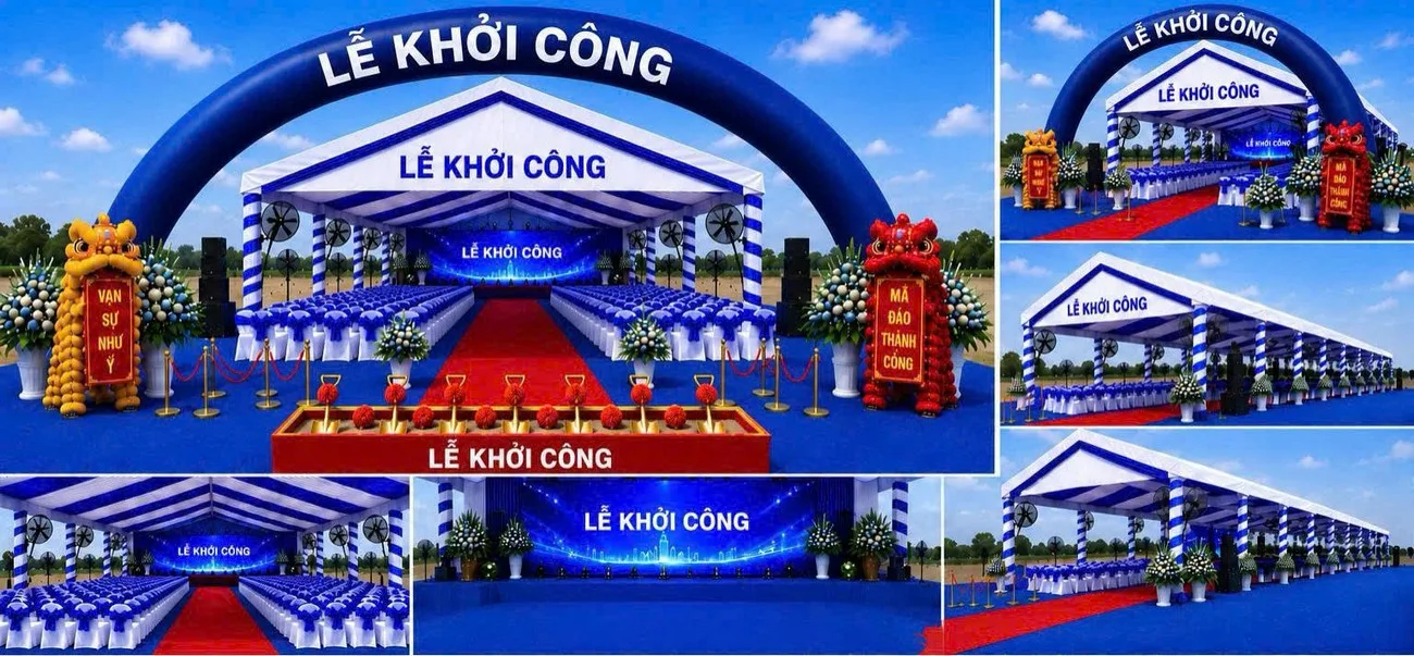 Phối cảnh 3D thể hiện phương án sân khấu, nhà bạt, cổng chào và nhận diện chương trình Thiết kế 3D không gian lễ khởi công Cảng Gemalink gồm cổng chào, nhà bạt và sân khấu
